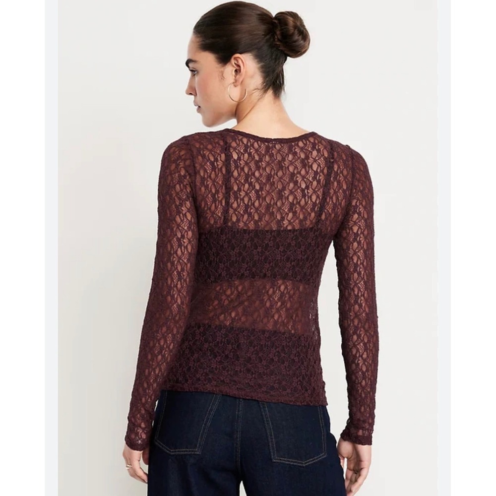 Old Navy Long Sleeve Lace Top Wine‎ Floral Sheer Layering Size Large NWT